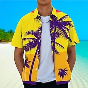 Men's Shirt Summer Hawaiian Shirt Coconut Tree Graphic Prints Turndown Yellow Orange Street Casual Short Sleeves Button-Down Print Clothing Apparel Tropical Fashion Hawaiian Designer Lightinthebox