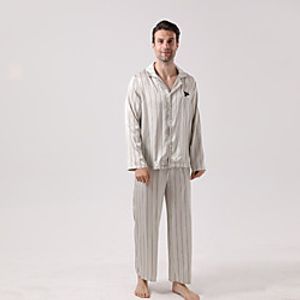 Men's Elastic Waistband Stripes Cotton Loungewear Suits Casual Shirt Pant Button Down Collar Home M White  2 Pieces  2 Pieces  Long Sleeve Lightinthebox