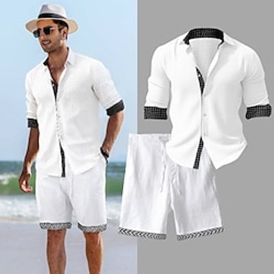 Men's Shirt Linen Shirt Linen Shorts and Shirt Set Button Up Shirt Shorts Sets White Long Sleeve Polka Dot Lapel Spring   Fall Casual Daily Clothing Apparel 2 Pack Lightinthebox