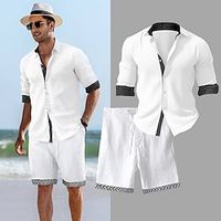 Men's Shirt Linen Shirt Linen Shorts and Shirt Set Button Up Shirt Shorts Sets White Long Sleeve Polka Dot Lapel Spring   Fall Casual Daily Clothing Apparel 2 Pack Lightinthebox - thumbnail