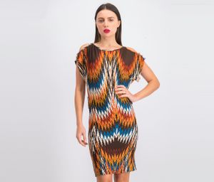 Womens Cold Shoulder Bodycon Dress  Brown Combo