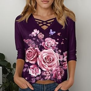 Women's T shirt Tee Floral Pink Blue Purple Print Long Sleeve Casual Holiday Fashion V Neck Regular Fit Spring   Fall Lightinthebox