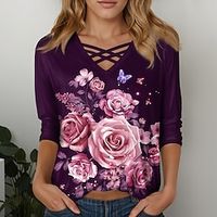 Women's T shirt Tee Floral Pink Blue Purple Print Long Sleeve Casual Holiday Fashion V Neck Regular Fit Spring   Fall Lightinthebox - thumbnail