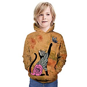 Kids Boys' Hoodie  Sweatshirt Long Sleeve Cat 3D Print Floral Animal Unisex Brown Children Tops Summer Active Daily Wear Regular Fit 3-13 Years miniinthebox