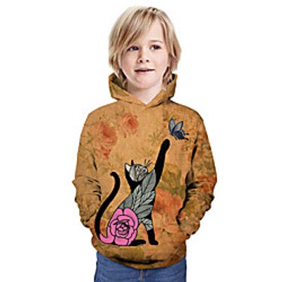 Kids Boys' Hoodie  Sweatshirt Long Sleeve Cat 3D Print Floral Animal Unisex Brown Children Tops Summer Active Daily Wear Regular Fit 3-13 Years miniinthebox