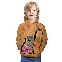 Kids Boys' Hoodie  Sweatshirt Long Sleeve Cat 3D Print Floral Animal Unisex Brown Children Tops Summer Active Daily Wear Regular Fit 3-13 Years miniinthebox - thumbnail