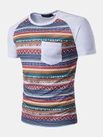 Mens National Style Printing Front Pocket Short Sleeve O-neck Casual T-shirt