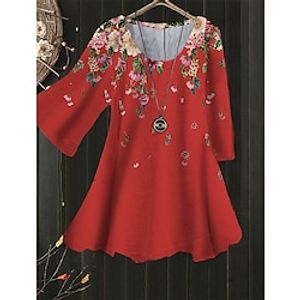 Women's Plus Size Tops Blouse Shirt Floral Graphic Patterned Print 3/4 Length Sleeve Crewneck Streetwear Daily Holiday Polyester Spring Summer Green Blue miniinthebox