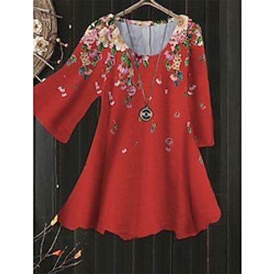 Women's Plus Size Tops Blouse Shirt Floral Graphic Patterned Print 3/4 Length Sleeve Crewneck Streetwear Daily Holiday Polyester Spring Summer Green Blue miniinthebox
