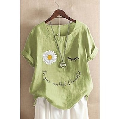 Women's T shirt Tee Floral Letter Green Print Short Sleeve Daily Weekend Fashion Funny Round Neck Regular Fit Summer Lightinthebox