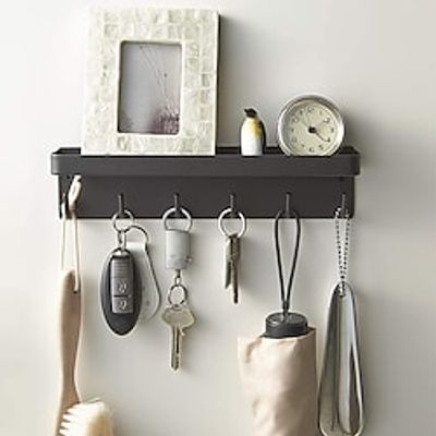 Self Adhesive Key Rack with Small Shelf and 6 Metal Hooks - Wall Mount Mail Organizer with Hanger for Door Entryway Hallway and Office ( Modern Black ) miniinthebox
