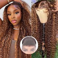 Curly Wave Highlight Wig Human Hair 180 Density HD Transparent Lace Frontal Wig P4/27 Ombre Honey Blonde Frontal Wigs Lightinthebox