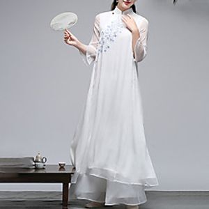 Women's A Line Dress Maxi long Dress White 3/4 Length Sleeve Floral Embroidery Embroidered Layered Spring Summer Stand Collar Elegant Traditional Chinoiserie 2022 M L XL XXL miniinthebox