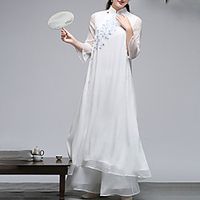 Women's A Line Dress Maxi long Dress White 3/4 Length Sleeve Floral Embroidery Embroidered Layered Spring Summer Stand Collar Elegant Traditional Chinoiserie 2022 M L XL XXL miniinthebox - thumbnail