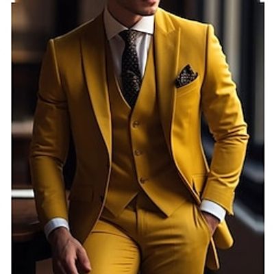 Yellow Men's Wedding Suits 3 Piece Solid Colored Slim Fit Single Breasted Two-buttons 2023 miniinthebox