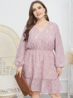 Plus Size V-neck Lettuce-edge Long Sleeves Dress - thumbnail