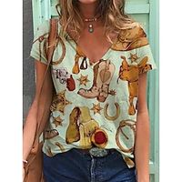 Women's T shirt Tee Black Yellow Light Green Animal Print Short Sleeve Daily Weekend Basic V Neck Regular Painting S Lightinthebox