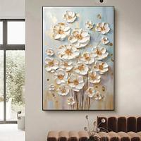 Hand Paint Elegant Flower Wall Art Living Room Grey Background Golden Palette Knife Painting Home Decor For Living Room Frame Ready To Hang Lightinthebox - thumbnail