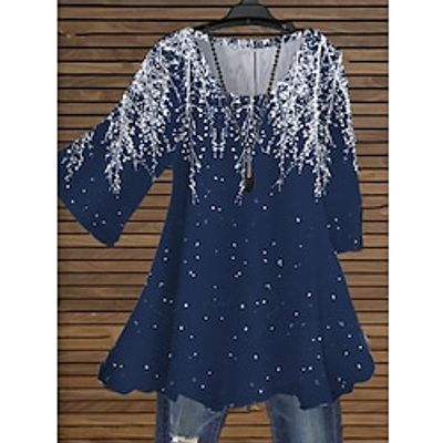 Women's Plus Size Tops Blouse Shirt Floral Print 3/4 Length Sleeve Crewneck Streetwear Daily Holiday Cotton Spandex Jersey Spring Summer Navy Blue miniinthebox Women's Plus Size Tops Blouse Shirt Floral Print 3/4 Length Sleeve Crewneck Streetwear Daily Holiday Cotton Spandex Jersey Spring Summer Navy Blue miniinthebox