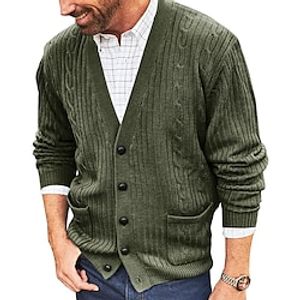 Men's Sweater Cardigan Sweater Cable Knit Button Pocket Solid Color V Neck Basic Stylish Daily Holiday Clothing Apparel Winter Fall Black Blue M L XL Lightinthebox