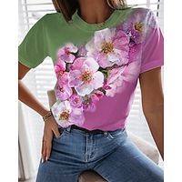 Women's T shirt Tee Pink Floral Print Short Sleeve Holiday Weekend Basic Round Neck Regular Floral Painting S Lightinthebox - thumbnail