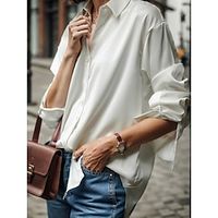Women's Shirt Blouse Satin Plain Black White Green Button Long Sleeve Work Daily Business Mature Shirt Collar Regular Fit Spring   Fall Lightinthebox - thumbnail