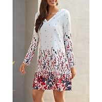 Women's Casual Dress Winter Dress Floral Print V Neck Mini Dress Fashion Streetwear Outdoor Daily Long Sleeve Loose Fit Black White Fall Winter S M L XL XXL Lightinthebox - thumbnail