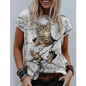 Women's T shirt Tee Gray Graphic Cat Print Short Sleeve Daily Weekend Basic Round Neck Regular 3D Cat S miniinthebox