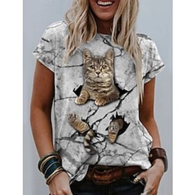 Women's T shirt Tee Gray Graphic Cat Print Short Sleeve Daily Weekend Basic Round Neck Regular 3D Cat S miniinthebox