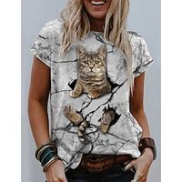 Women's T shirt Tee Gray Graphic Cat Print Short Sleeve Daily Weekend Basic Round Neck Regular 3D Cat S miniinthebox - thumbnail