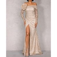 Sheath  Column Evening Gown Party Dress Wedding Guest Sweep  Brush Train Long Sleeve Off Shoulder Stretch Satin with Ruched Sequin Slit 2023 Lightinthebox - thumbnail