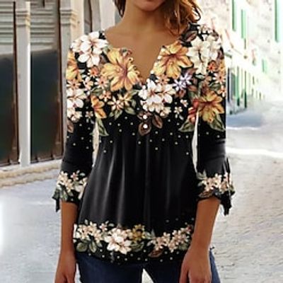 Women's Shirt Blouse Black Blue Green Floral Button Print 3/4 Length Sleeve Holiday Basic Round Neck Regular Floral S miniinthebox