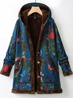 Casual Loose Cashmere Thickened Floral Print Hooded Coat