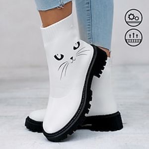 Women's Boots Print Shoes Sock Boots Animal Print Daily Cat Mid Calf Boots Winter Flat Heel Round Toe Closed Toe Fashion Casual Comfort Tissage Volant Loafer White miniinthebox