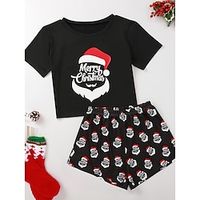 Women's Christmas Lounge Sets Letter Santa Claus Fashion Comfort Soft Home Daily Polyester Breathable Crew Neck Short Sleeve T shirt Tee Shorts Elastic Waist Fall Winter Black Lightinthebox - thumbnail