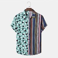 Men's Shirt 3D Print Striped Geometry Turndown Street Casual Button-Down Print Short Sleeves Tops Designer Casual Fashion Breathable Blue  Summer Lightinthebox - thumbnail