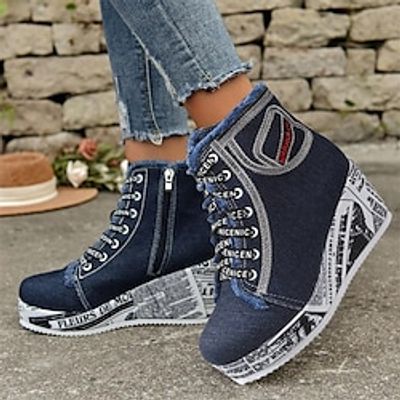 Women's Sneakers Plus Size Platform Sneakers High Top Sneakers Outdoor New Year Daily Booties Ankle Boots Embroidery Wedge Heel Round Toe Elegant Vacation Cute Denim Lace-up Dark Blue Light Blue Lightinthebox