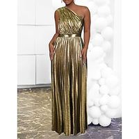 Women's Prom Dress Party Dress Wedding Guest Dress Long Dress Maxi Dress Gold Sleeveless Pure Color Pleated Spring Fall Winter One Shoulder Fashion Birthday Evening Party Wedding Guest 2023 S M L XL Lightinthebox - thumbnail