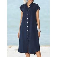 Women's Shirt Dress Casual Dress Cotton Linen Dress Midi Dress Linen Cotton Blend Basic Modern Daily Weekend Stand Collar Button Short Sleeve Summer Spring 2023 Loose Fit Black White Wine Plain S M L Lightinthebox