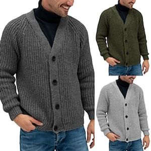Men's Cardigan Sweater Cropped Sweater Ribbed Knit Regular Knitted Button Up Plain V Neck Warm Ups Modern Contemporary Casual Daily Wear Clothing Apparel Fall Winter Black Dark Navy M L XL Lightinthebox