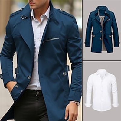 Men's Matching Sets Khaki Dress Shirt Button Up Shirt Winter Coat Peacoat Trench Coat Sets Long Sleeve Lapel Outdoor Business Plain Pocket 2 Piece Polyester Spring   Fall Lightinthebox