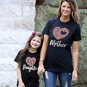 Mommy and Me Valentines T shirt Tops Heart Leopard Letter Daily Print Black Pink Wine Short Sleeve Basic Matching Outfits Lightinthebox