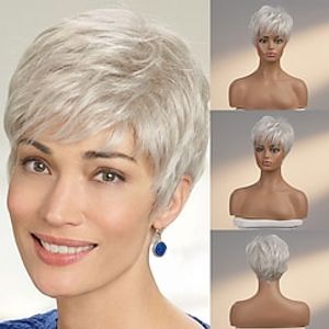 Human Hair Blend Wig Short Natural Straight Pixie Cut Side Part Layered Haircut Asymmetrical Blonde White Silver Cosplay Curler  straightener Natural Hairline Capless Brazilian Hair Women's All Lightinthebox