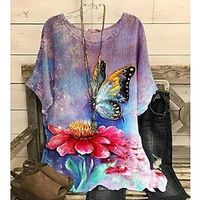 Women's T shirt Tee Purple Floral Butterfly Print Short Sleeve Holiday Weekend Basic Round Neck Regular Floral Butterfly S Lightinthebox - thumbnail