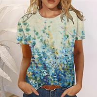 Women's T shirt Tee Floral Casual Holiday Print Royal Blue Short Sleeve Fashion Round Neck Summer Lightinthebox