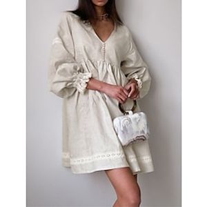 Women's Casual Dress Cotton Linen Dress Swing Dress Mini Dress Linen Cotton Blend Fashion Modern Outdoor Daily Holiday V Neck Lace Patchwork Long Sleeve Summer Spring 2023 Loose Fit khaki Plain S M L Lightinthebox
