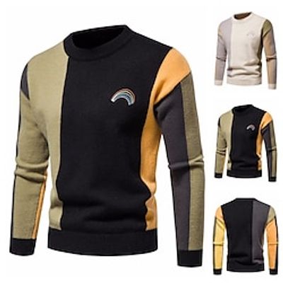 Men's Pullover Sweater Jumper Ribbed Knit Regular Knitted Color Block Crew Neck Modern Contemporary Work Daily Wear Clothing Apparel Winter Black Beige S M L Lightinthebox