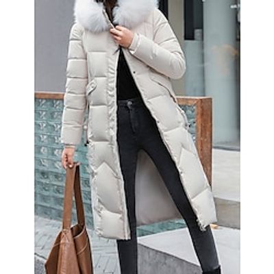Women's Long Puffer Thicken Winter Coat Thermal Warm Parka with Fur Collar Drawstring Zipper Outerwear with Pocket Hoodie Outerwear Long Sleeve Fall Lightinthebox
