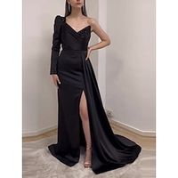 A-Line Evening Gown Elegant Dress Formal Court Train Black Dress Long Sleeve One Shoulder Satin with Pleats Ruched Sequin 2023 Lightinthebox - thumbnail
