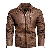Men's Faux Leather Jacket Fleece Jacket Biker Jacket Outdoor Daily Wear Warm Pocket Fall Winter Plain Fashion Streetwear Lapel Regular Black Yellow Coffee Jacket Lightinthebox - thumbnail